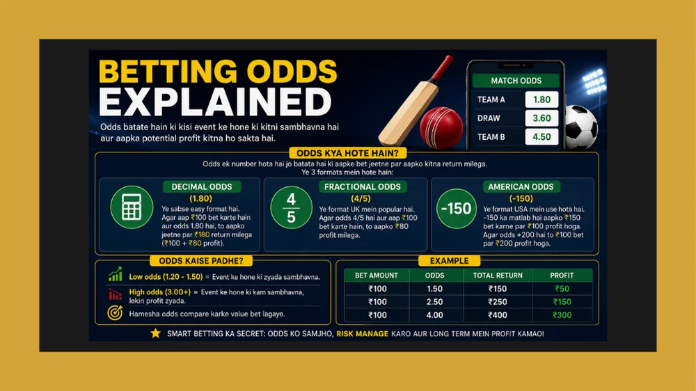 Betting odds explained showing decimal odds implied probability value betting and payout calculations with examples